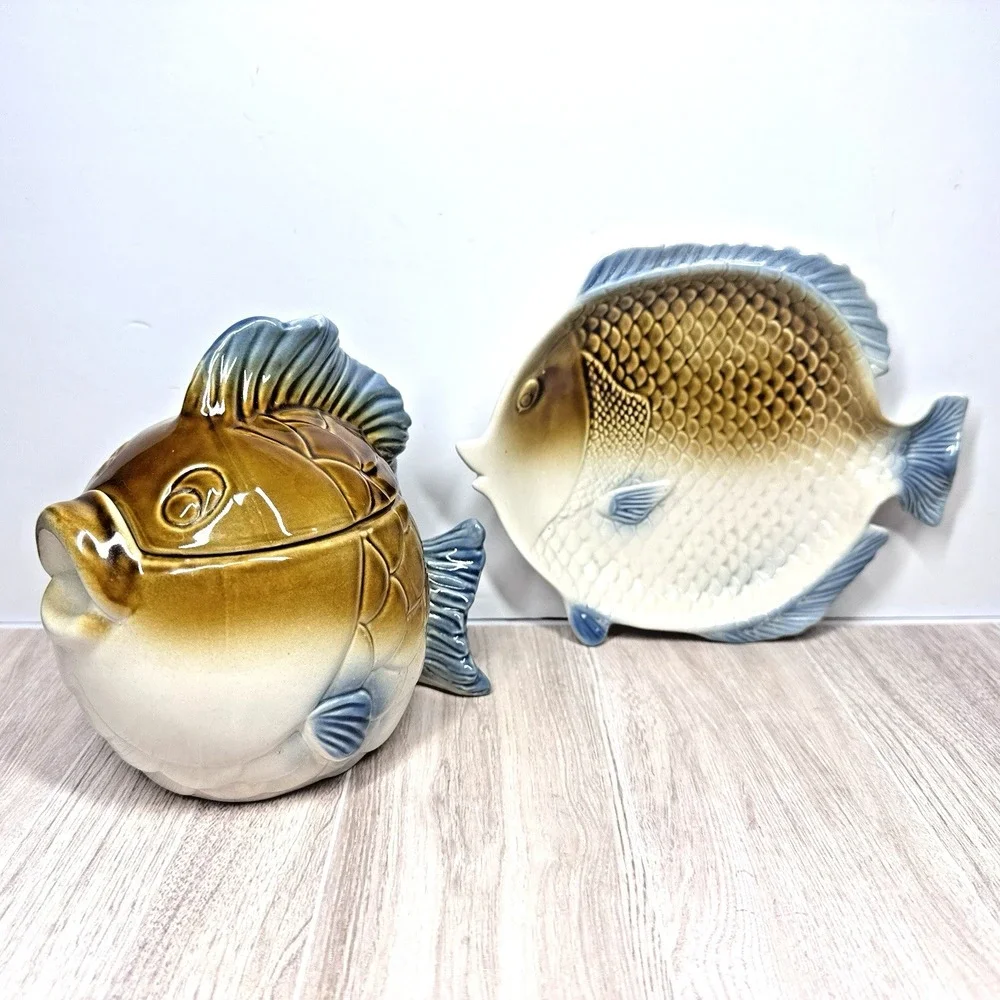 Vintage Fish‎ Shaped Sugar Bowl Lid Plate Set Ceramic Japan Style Kitchen